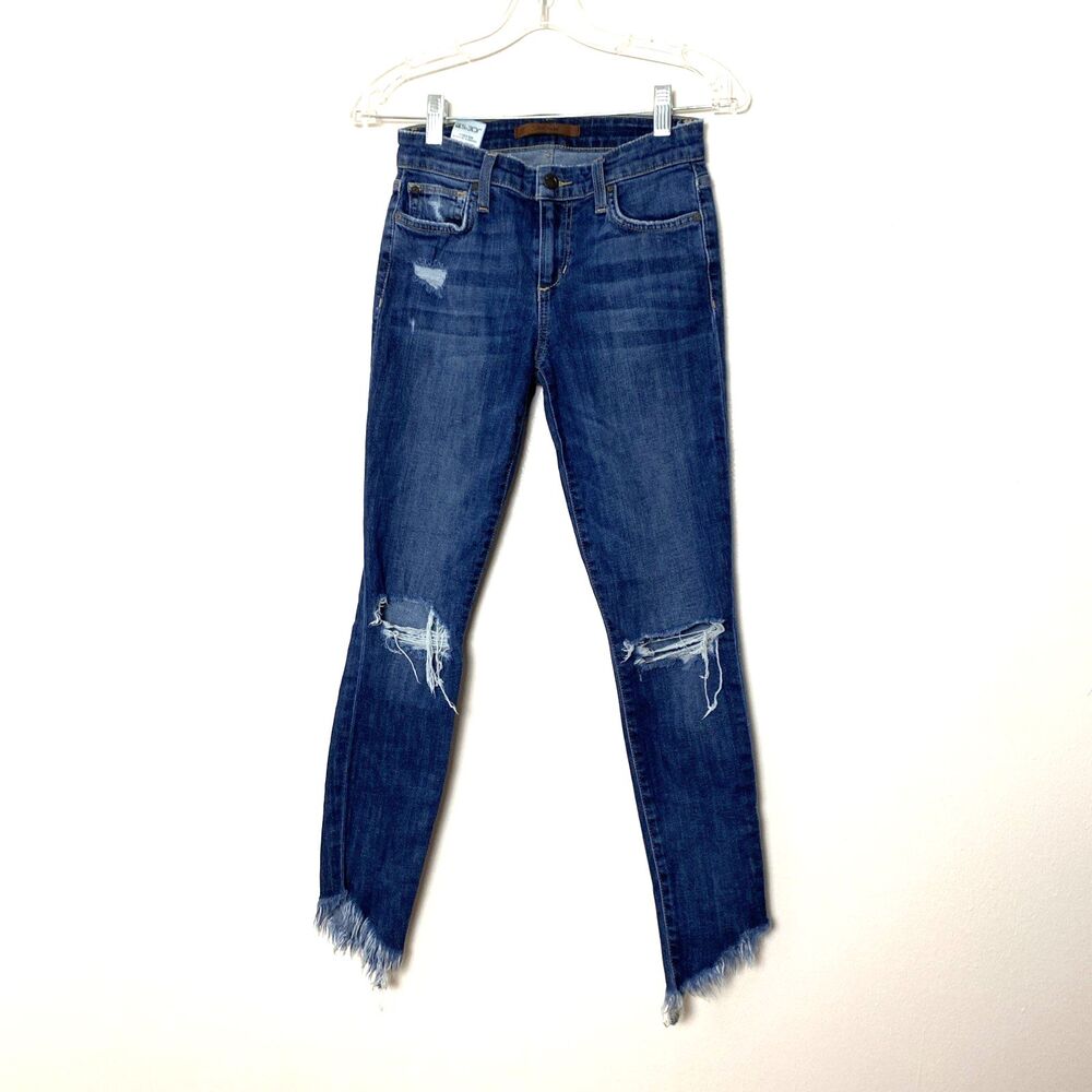 Joe’s Jeans The Icon Mid Rise Skinny Ankle 24 Blue Distressed Fringe Hem Tapered